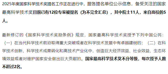 11位院士！被提名國家最高科技獎候選人